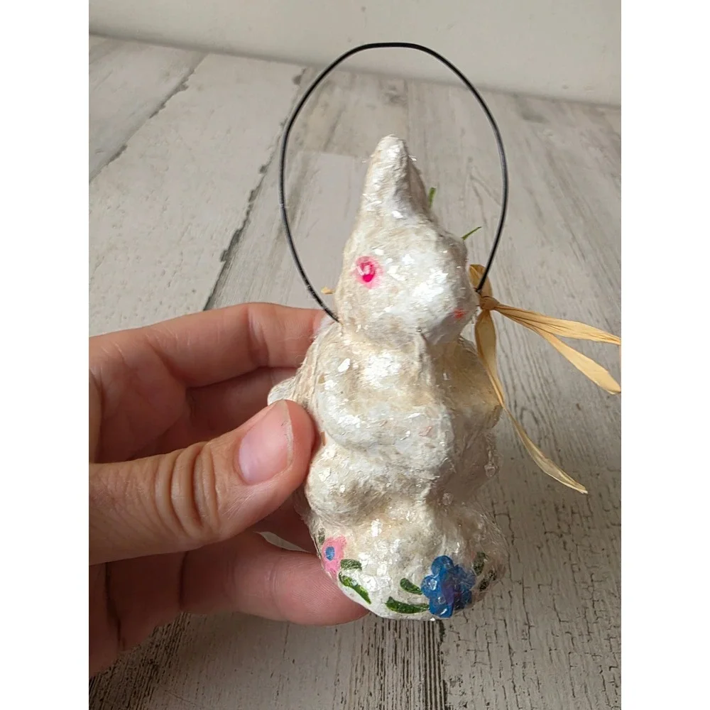 Vintage paper mache bunny rabbit Easter basket mini paper decor spring